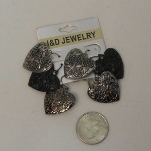 JD JEWELRY 3 PR Heart Earrings Drop Dangle Silver Tone Hook Fasteners FASHION